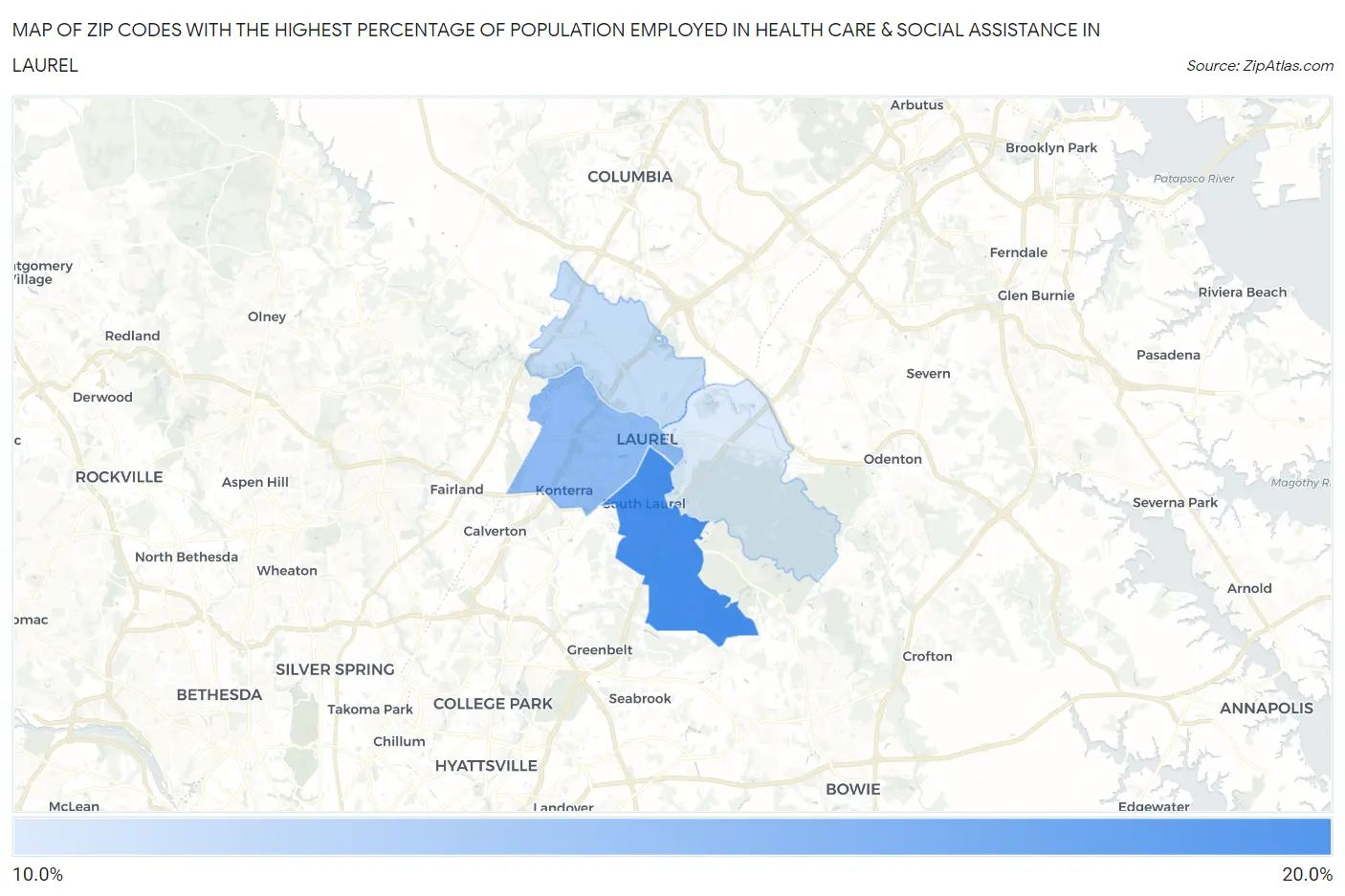 Zip Codes with the Highest Percentage of Population Employed in Health Care & Social Assistance in Laurel Map