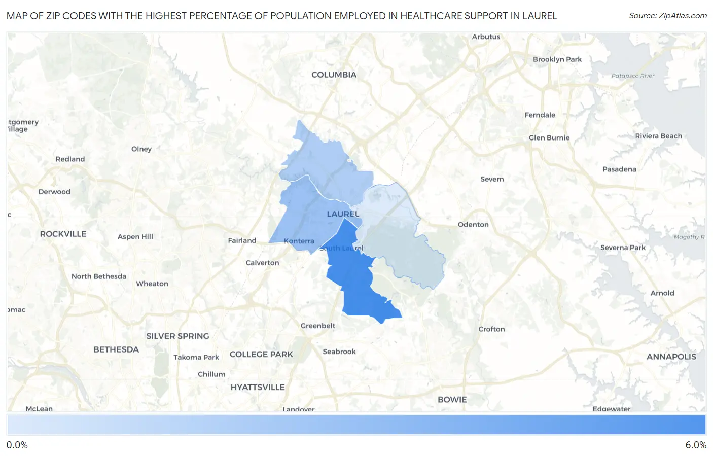 Zip Codes with the Highest Percentage of Population Employed in Healthcare Support in Laurel Map