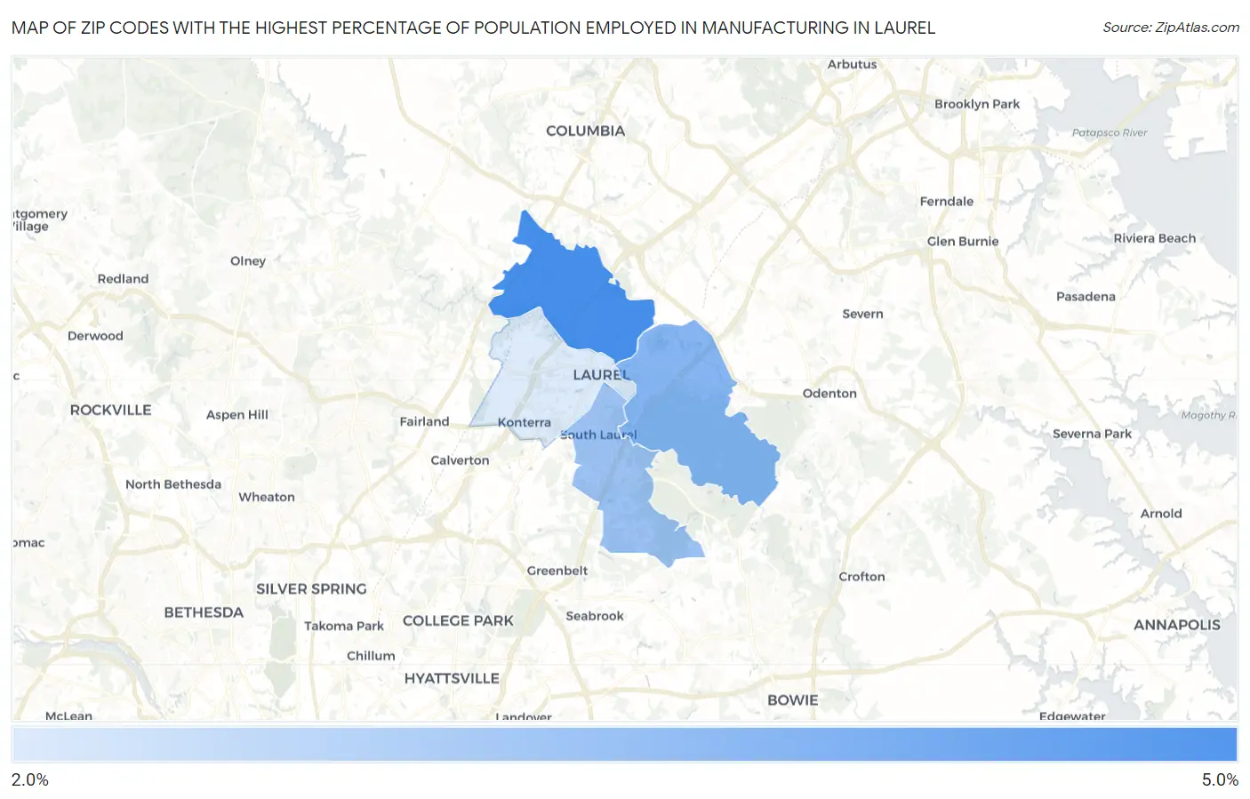 Zip Codes with the Highest Percentage of Population Employed in Manufacturing in Laurel Map