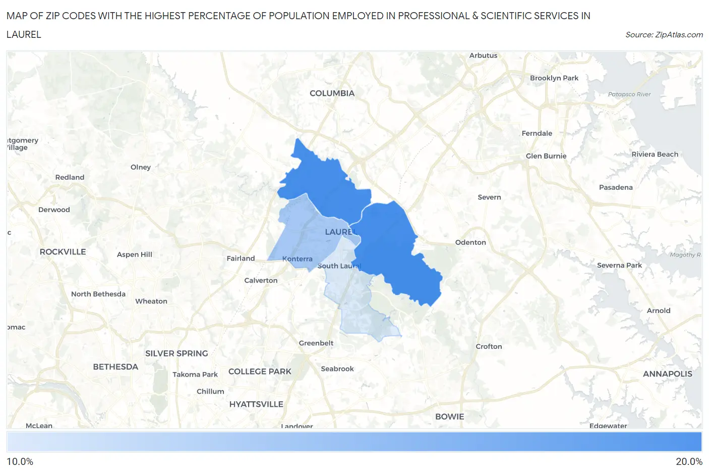 Zip Codes with the Highest Percentage of Population Employed in Professional & Scientific Services in Laurel Map