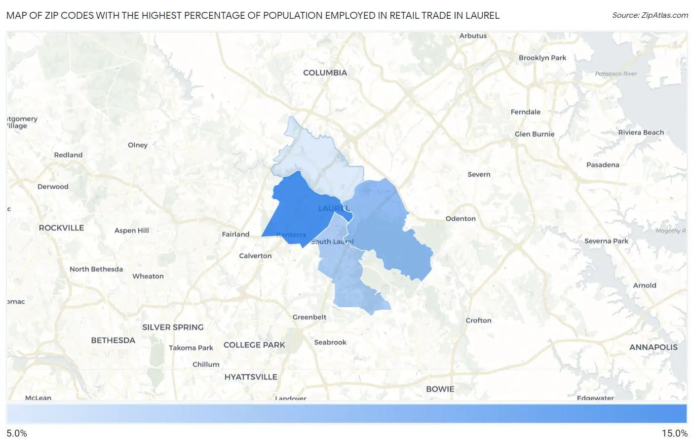 Zip Codes with the Highest Percentage of Population Employed in Retail Trade in Laurel Map