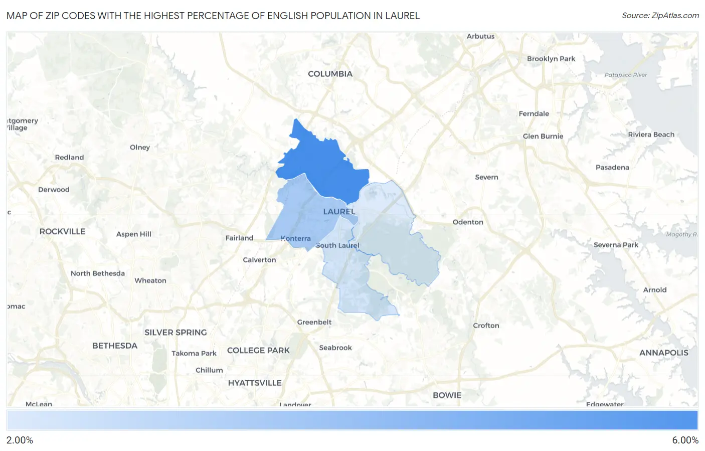 Zip Codes with the Highest Percentage of English Population in Laurel Map