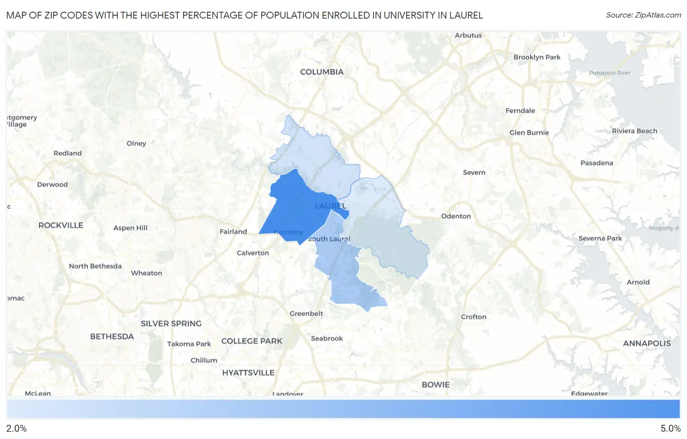 Zip Codes with the Highest Percentage of Population Enrolled in University in Laurel Map