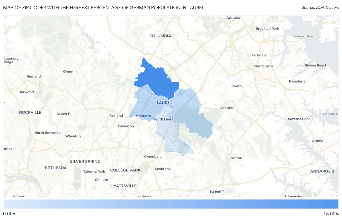 Zip Codes with the Highest Percentage of German Population in Laurel Map