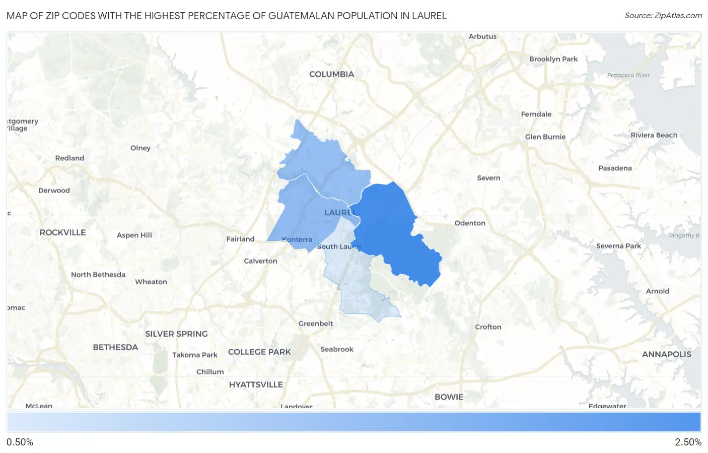 Zip Codes with the Highest Percentage of Guatemalan Population in Laurel Map