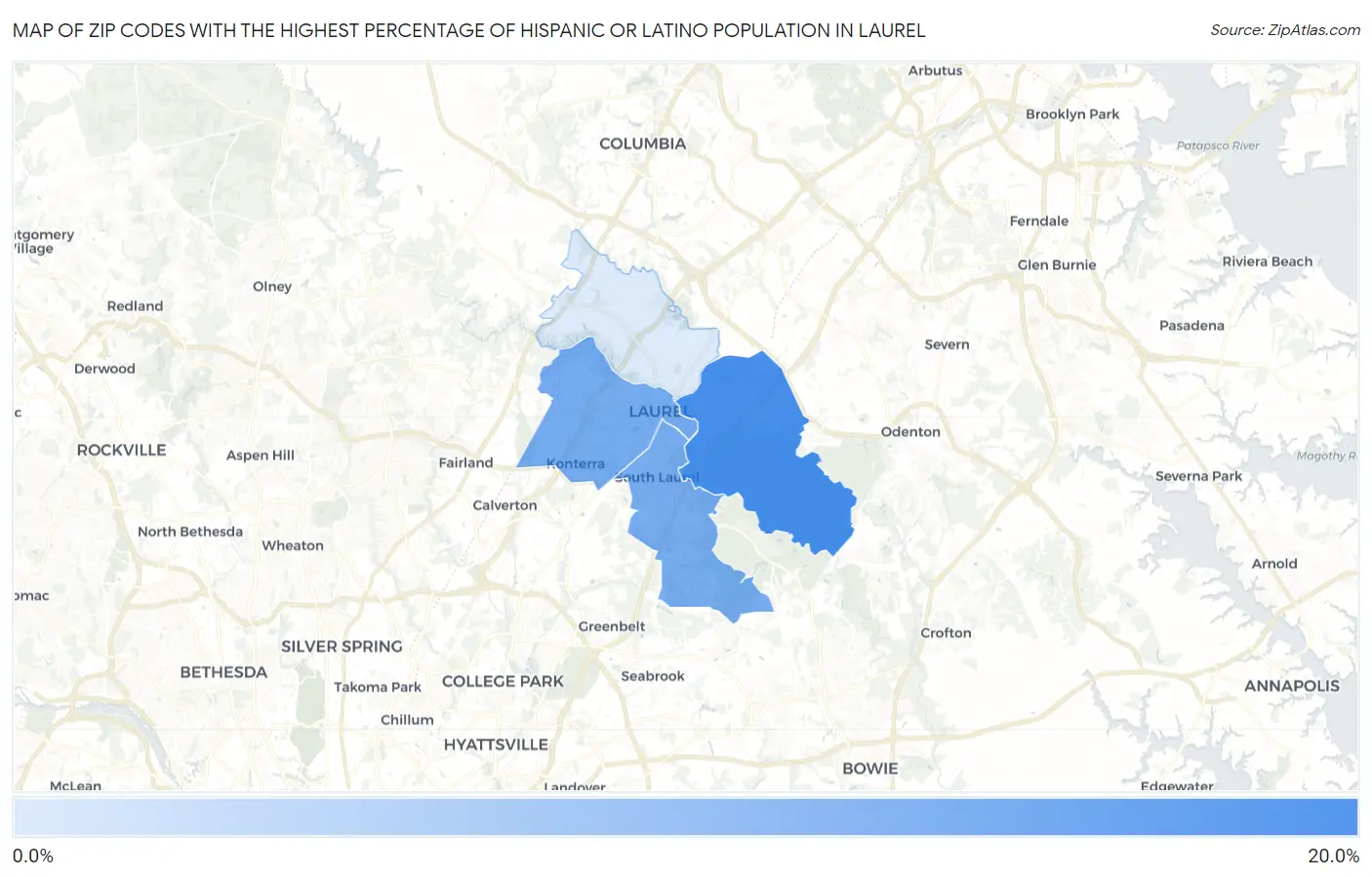 Zip Codes with the Highest Percentage of Hispanic or Latino Population in Laurel Map