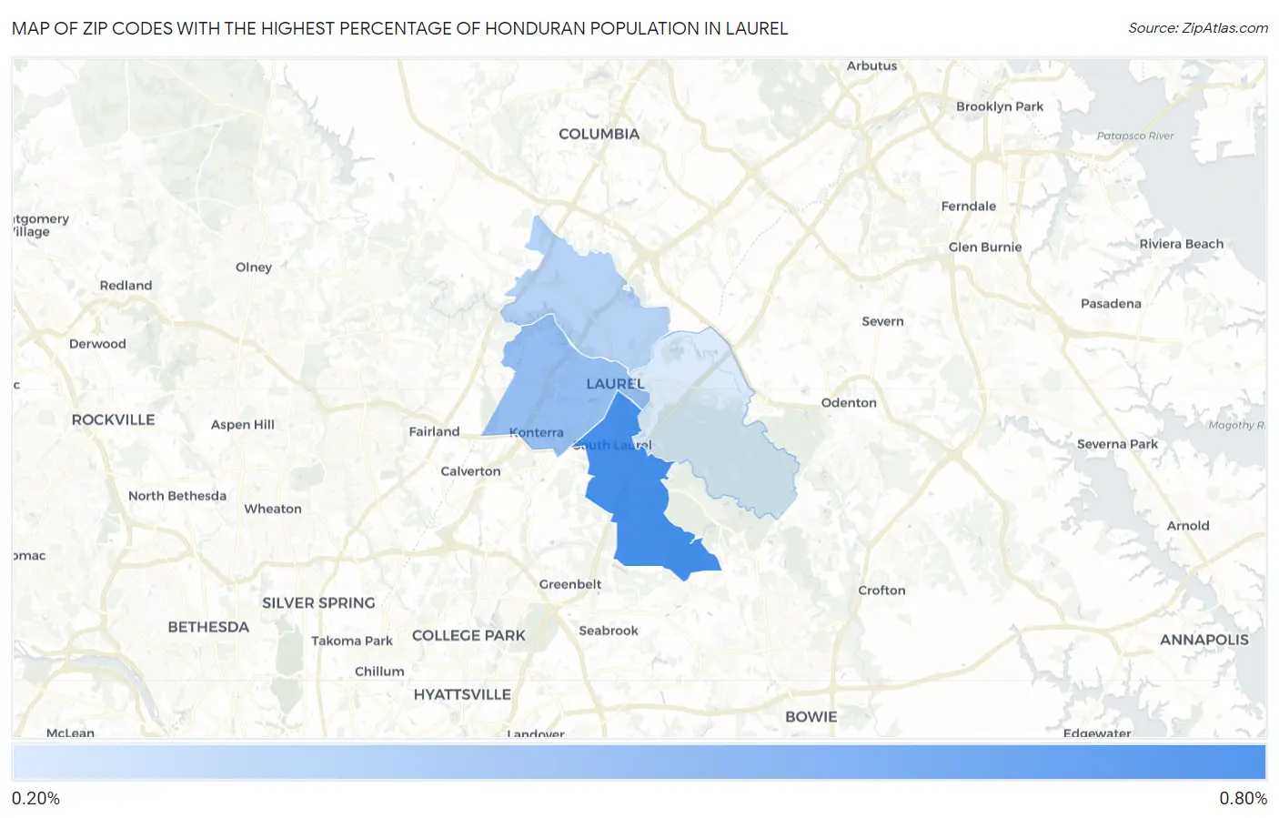 Zip Codes with the Highest Percentage of Honduran Population in Laurel Map