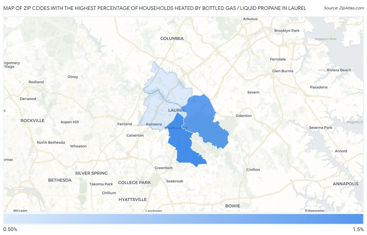 Zip Codes with the Highest Percentage of Households Heated by Bottled Gas / Liquid Propane in Laurel Map