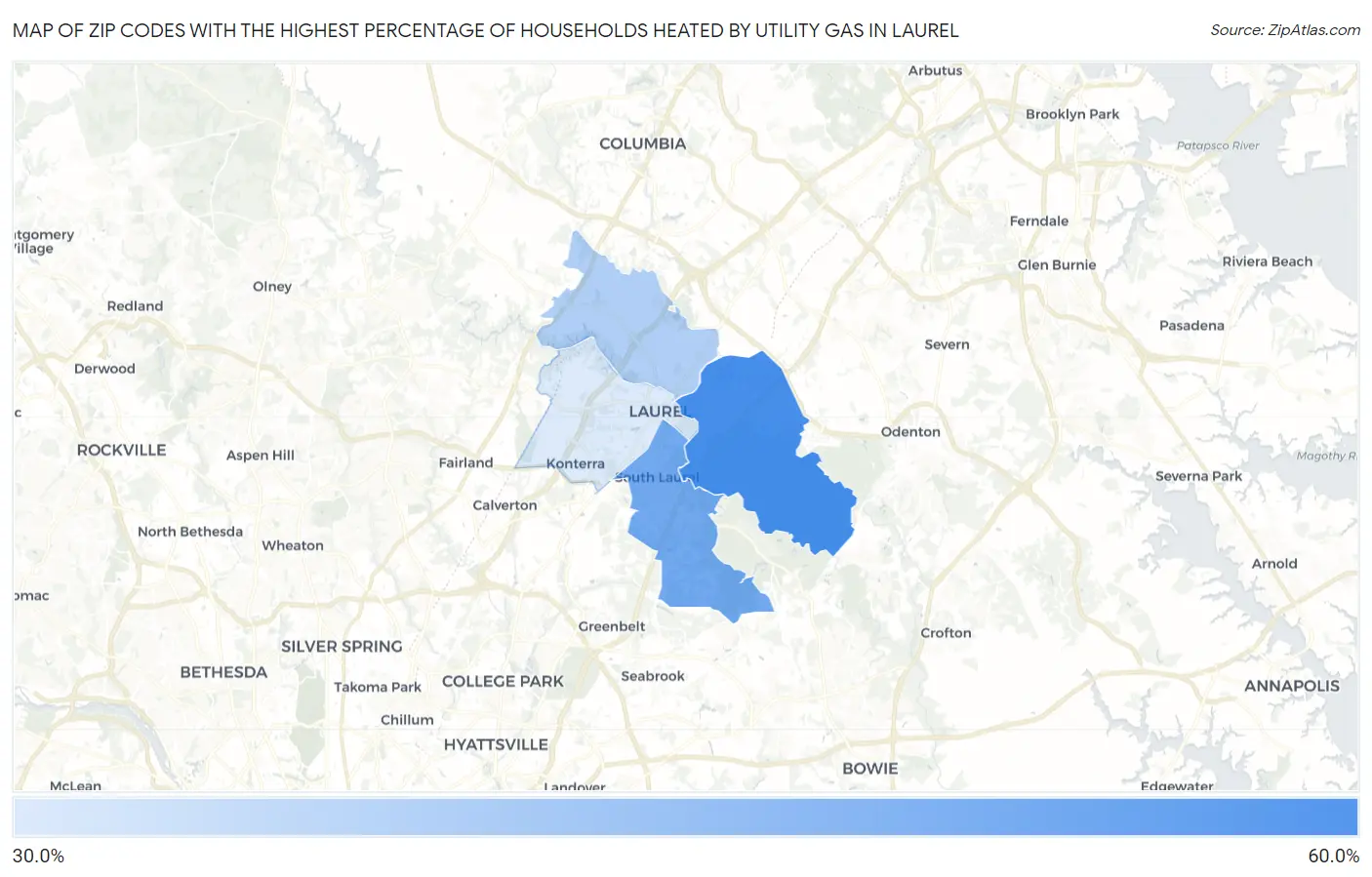 Zip Codes with the Highest Percentage of Households Heated by Utility Gas in Laurel Map