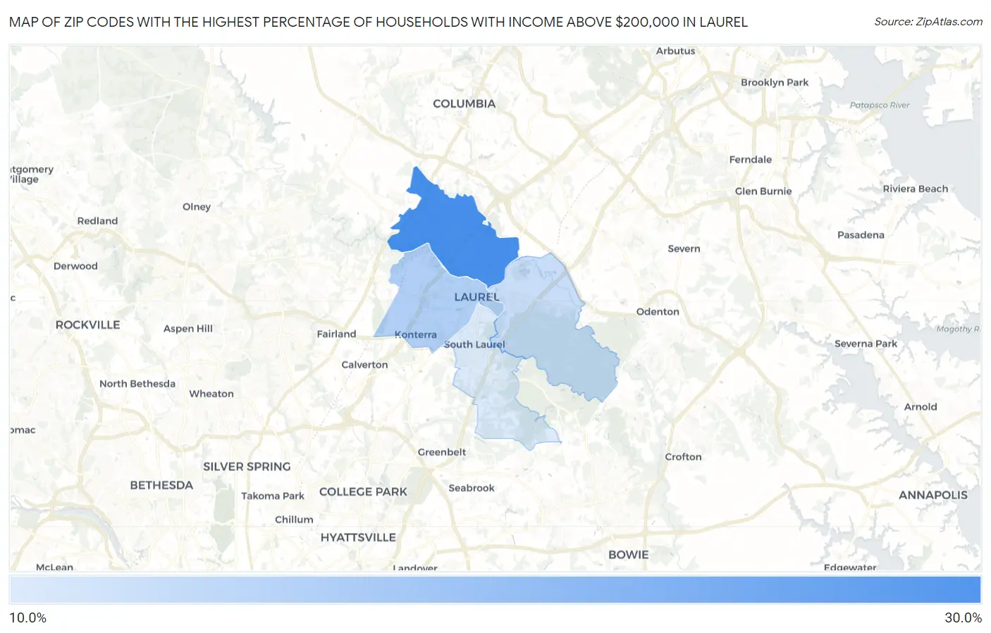 Zip Codes with the Highest Percentage of Households with Income Above $200,000 in Laurel Map