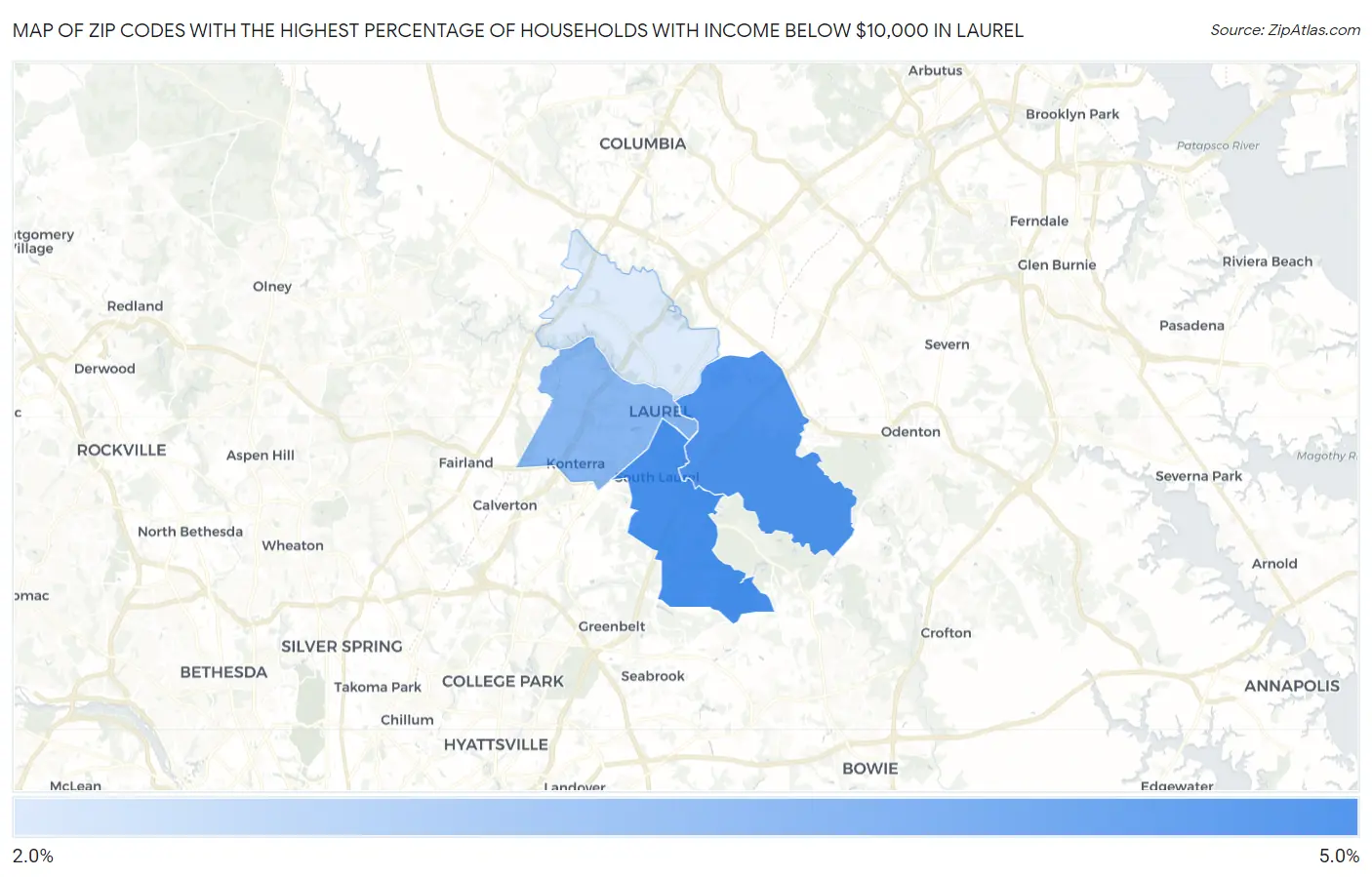 Zip Codes with the Highest Percentage of Households with Income Below $10,000 in Laurel Map