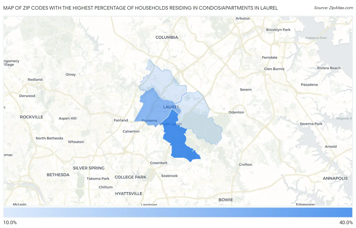 Zip Codes with the Highest Percentage of Households Residing in Condos/Apartments in Laurel Map
