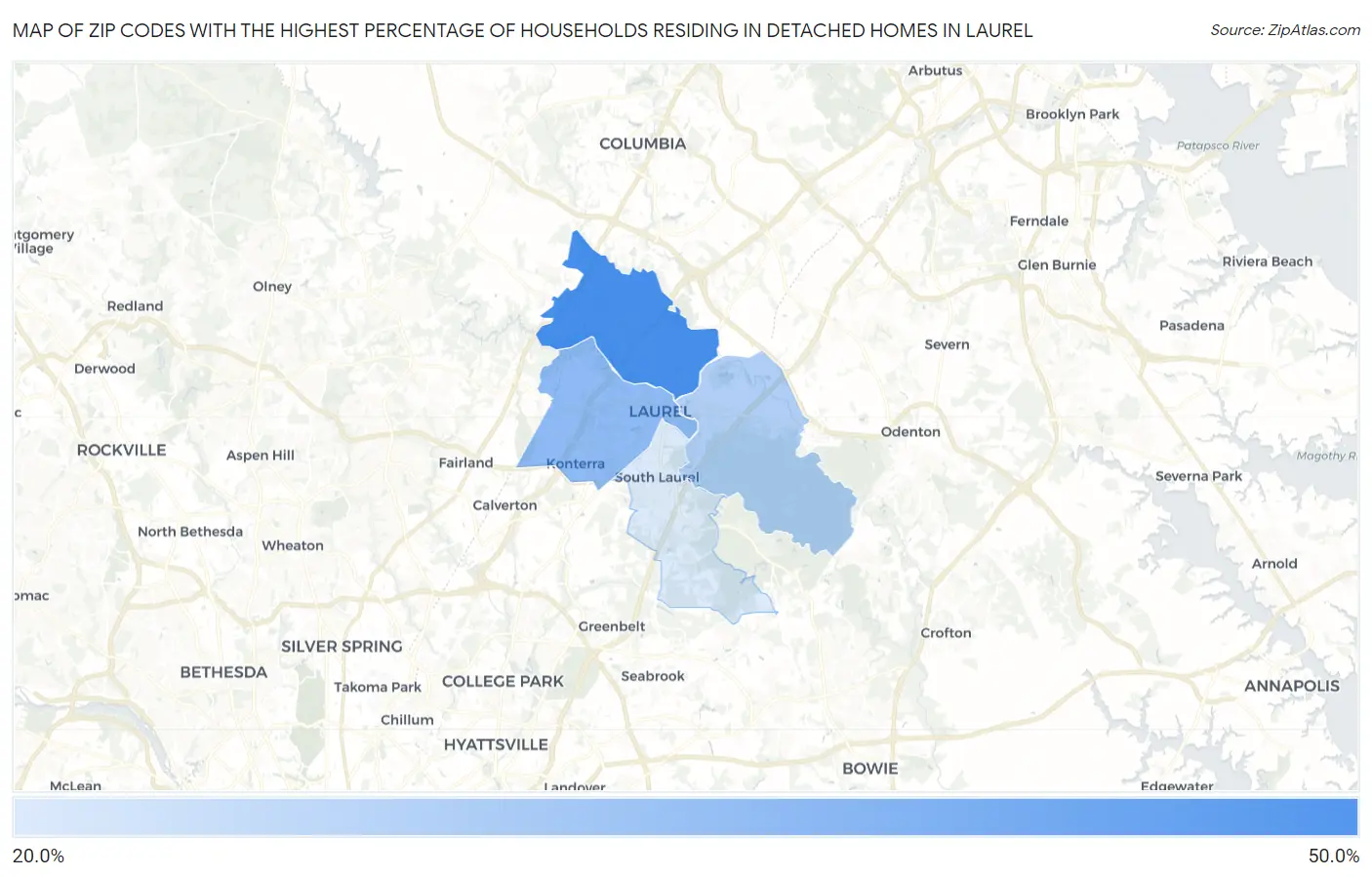 Zip Codes with the Highest Percentage of Households Residing in Detached Homes in Laurel Map