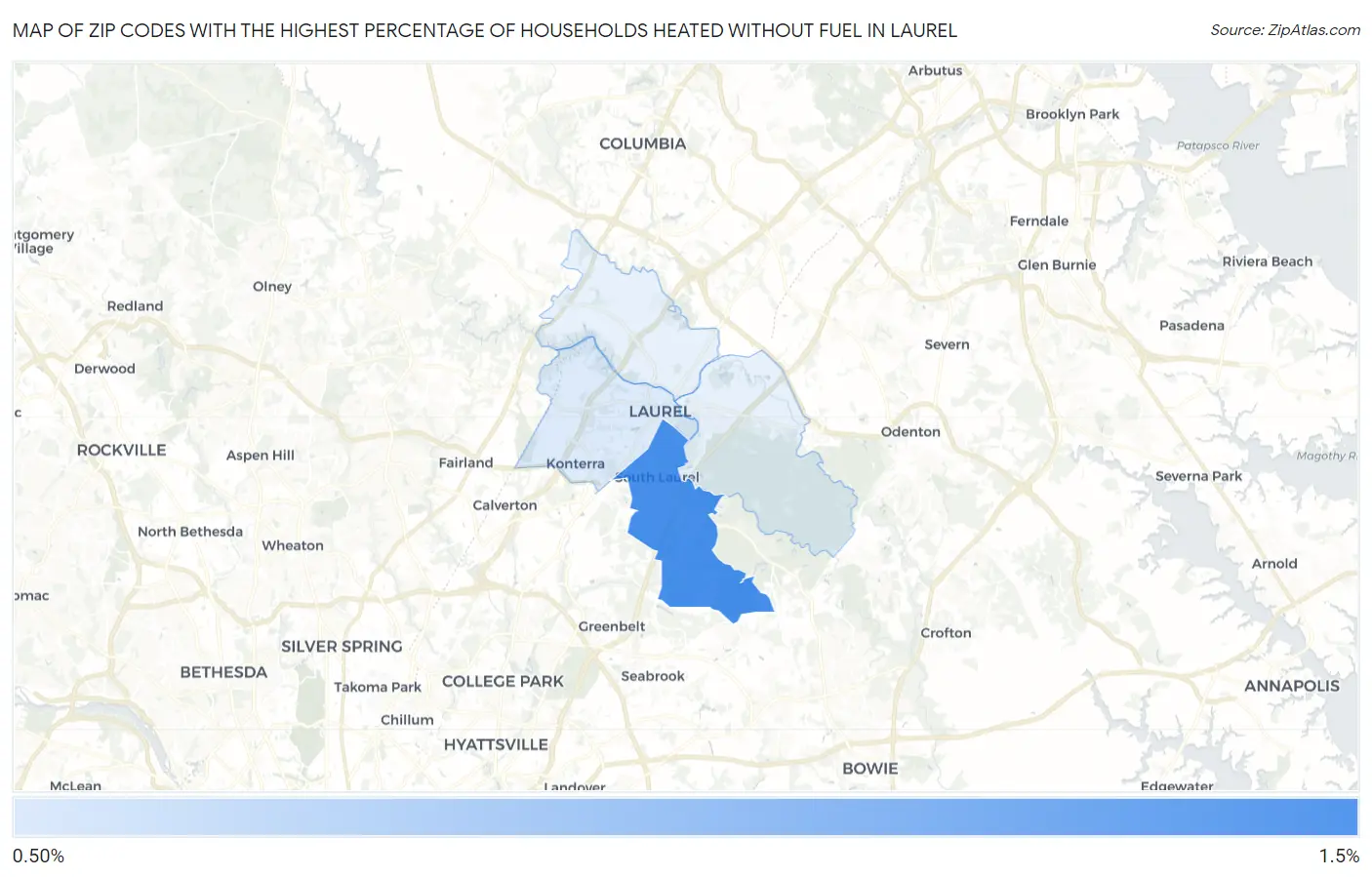 Zip Codes with the Highest Percentage of Households Heated without Fuel in Laurel Map