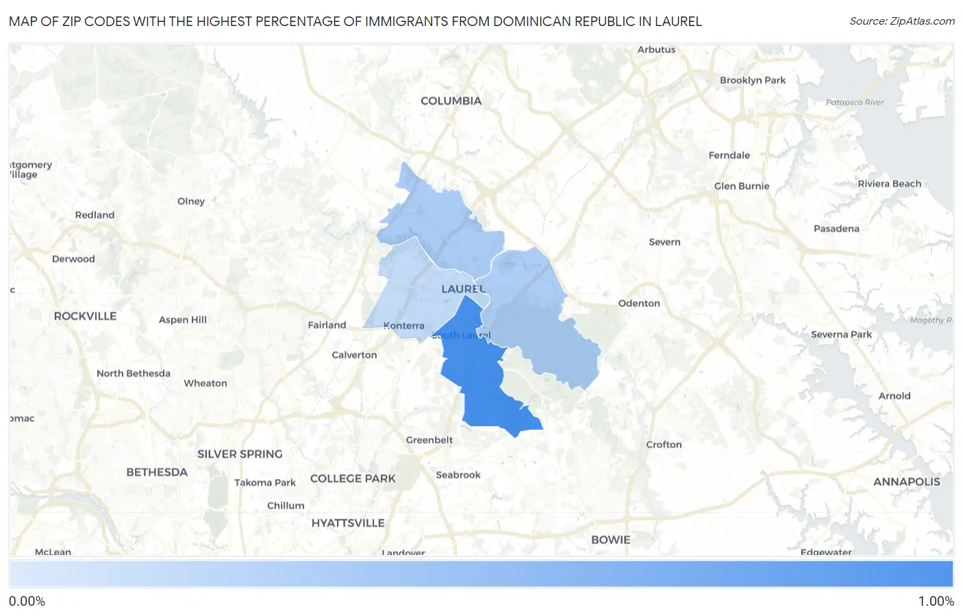 Zip Codes with the Highest Percentage of Immigrants from Dominican Republic in Laurel Map