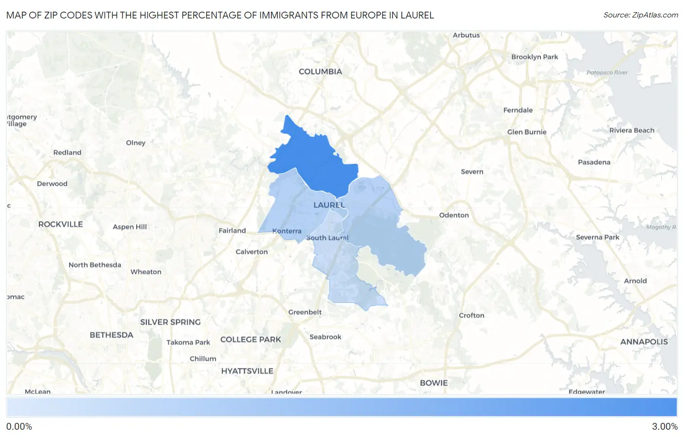 Zip Codes with the Highest Percentage of Immigrants from Europe in Laurel Map
