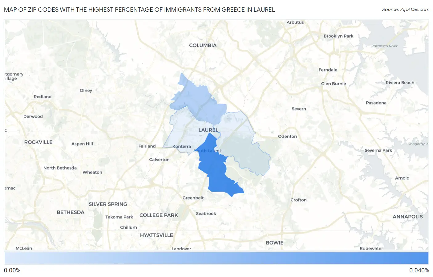 Zip Codes with the Highest Percentage of Immigrants from Greece in Laurel Map