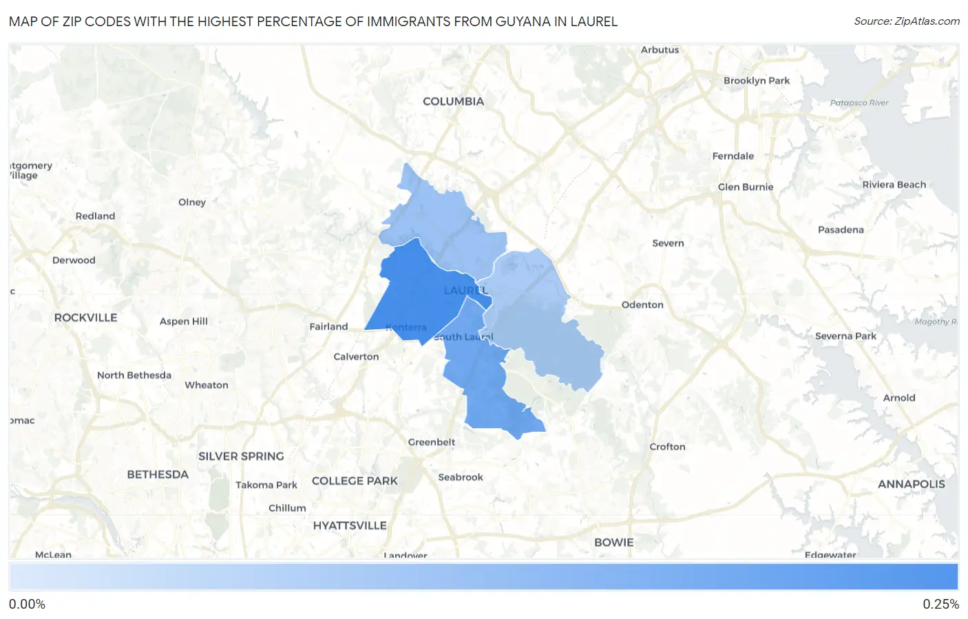 Zip Codes with the Highest Percentage of Immigrants from Guyana in Laurel Map