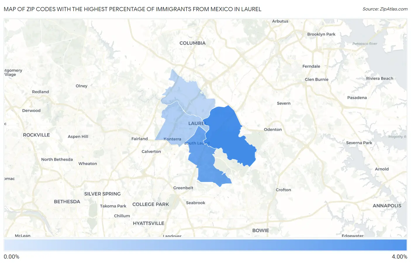 Zip Codes with the Highest Percentage of Immigrants from Mexico in Laurel Map
