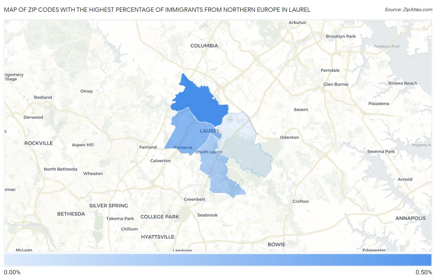 Zip Codes with the Highest Percentage of Immigrants from Northern Europe in Laurel Map