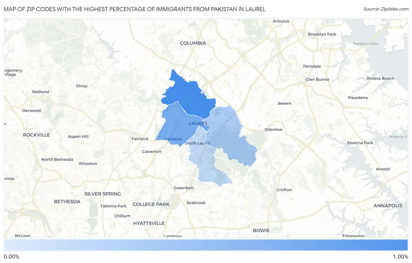 Zip Codes with the Highest Percentage of Immigrants from Pakistan in Laurel Map