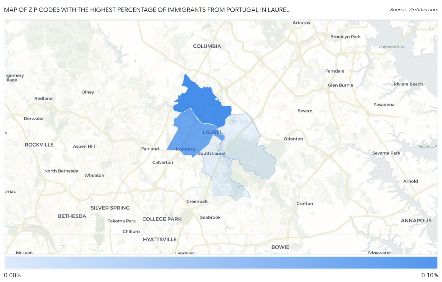Zip Codes with the Highest Percentage of Immigrants from Portugal in Laurel Map