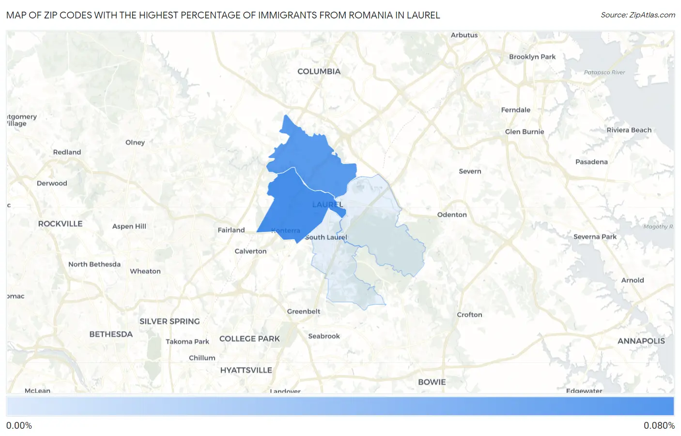 Zip Codes with the Highest Percentage of Immigrants from Romania in Laurel Map