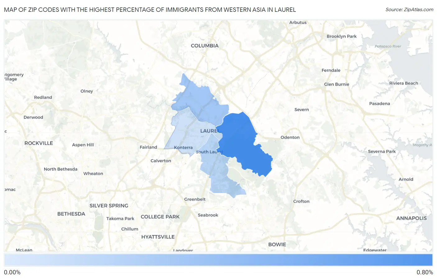 Zip Codes with the Highest Percentage of Immigrants from Western Asia in Laurel Map