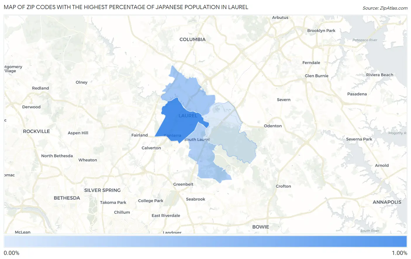 Zip Codes with the Highest Percentage of Japanese Population in Laurel Map