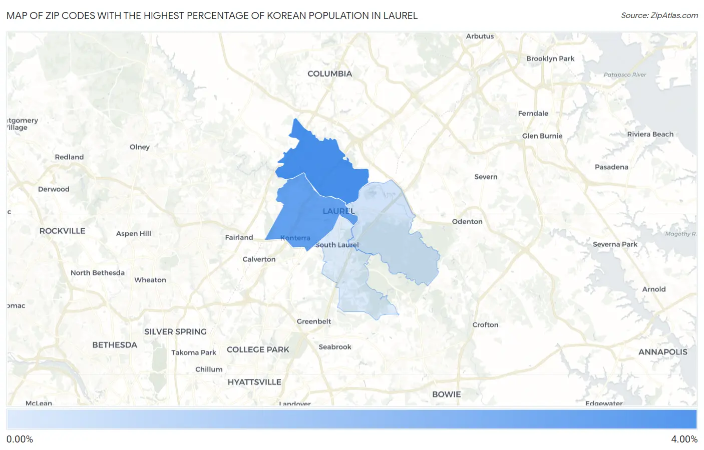 Zip Codes with the Highest Percentage of Korean Population in Laurel Map