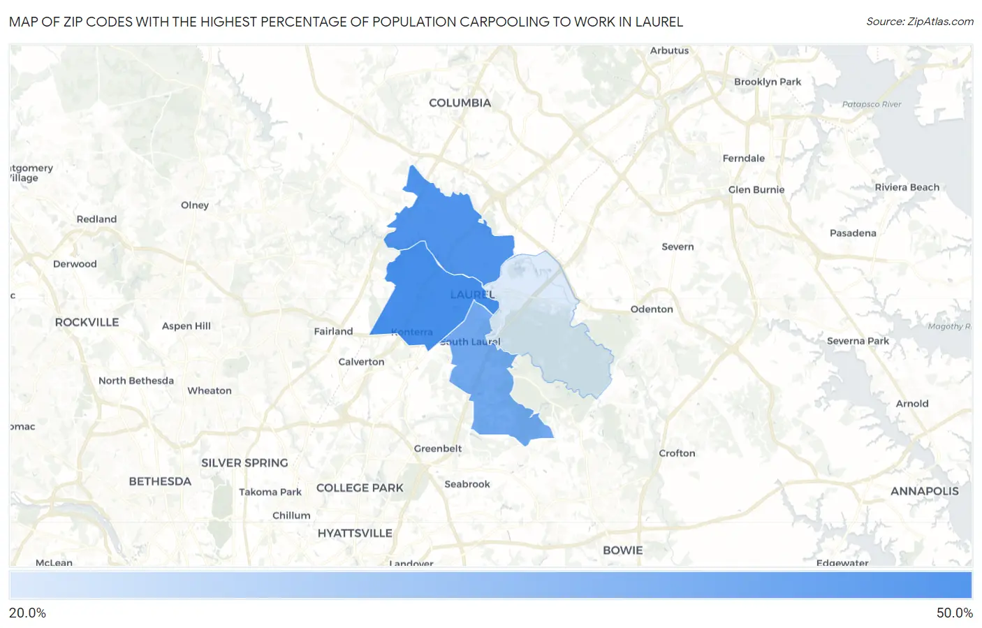 Zip Codes with the Highest Percentage of Population Carpooling to Work in Laurel Map