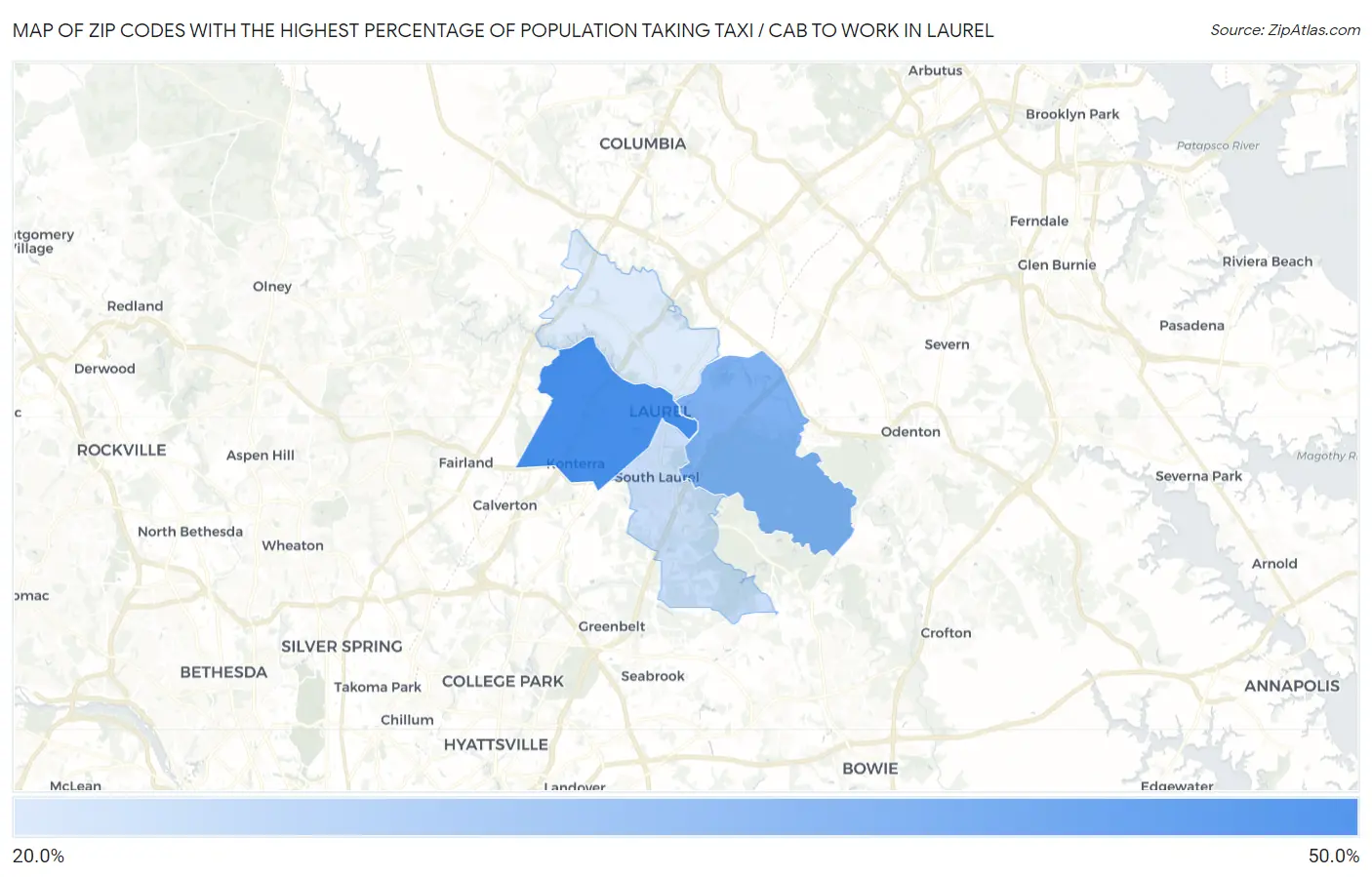 Zip Codes with the Highest Percentage of Population Taking Taxi / Cab to Work in Laurel Map