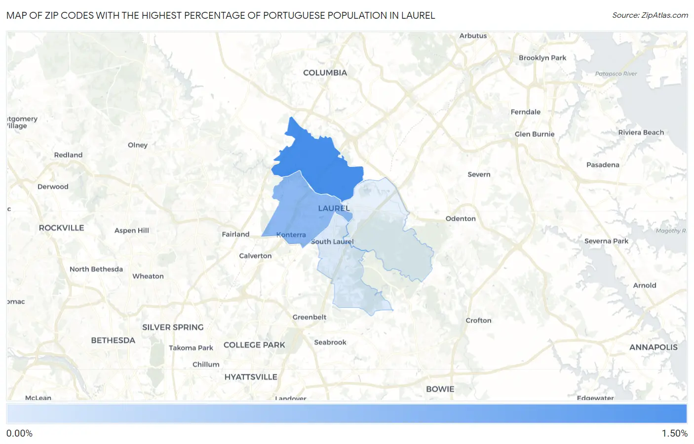 Zip Codes with the Highest Percentage of Portuguese Population in Laurel Map