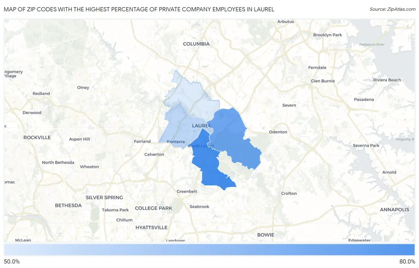 Zip Codes with the Highest Percentage of Private Company Employees in Laurel Map