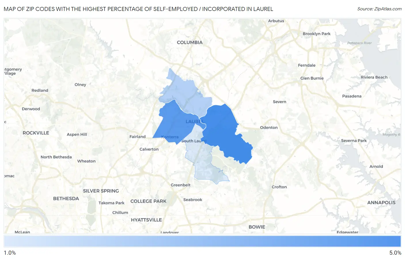 Zip Codes with the Highest Percentage of Self-Employed / Incorporated in Laurel Map