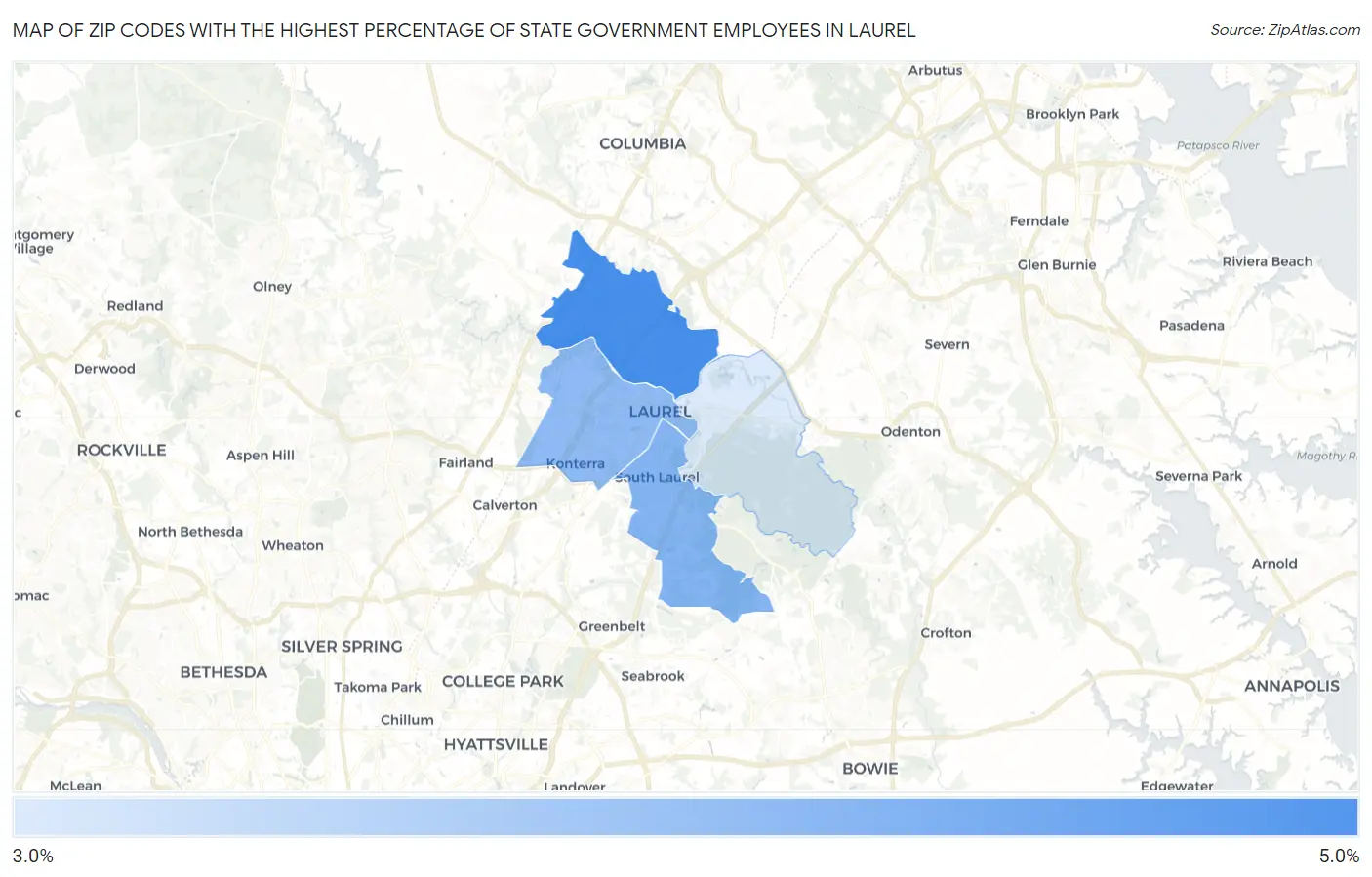 Zip Codes with the Highest Percentage of State Government Employees in Laurel Map
