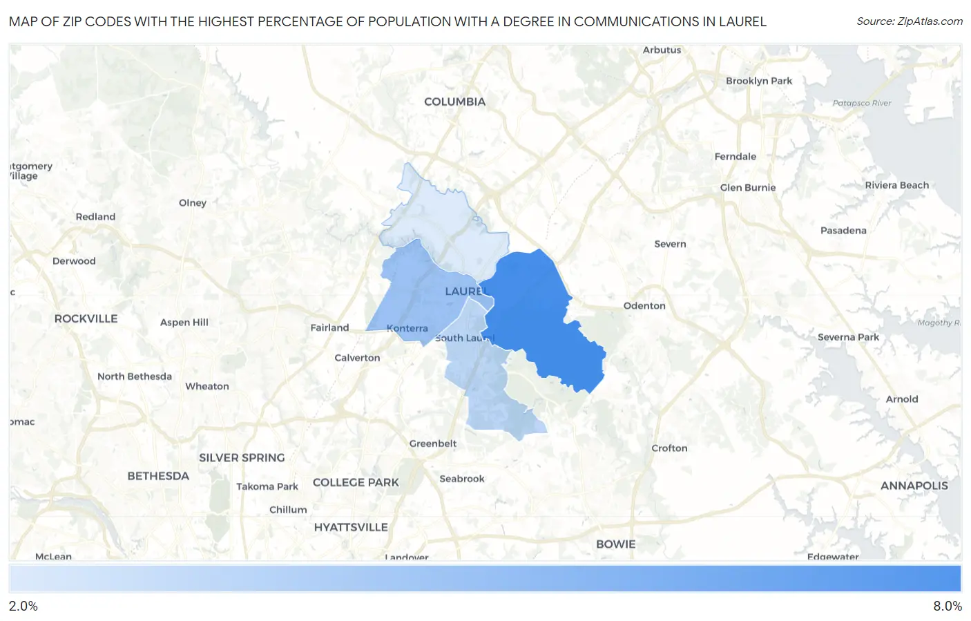Zip Codes with the Highest Percentage of Population with a Degree in Communications in Laurel Map