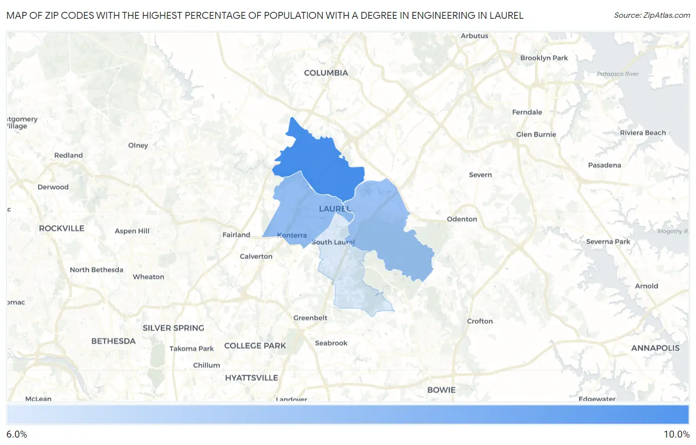 Zip Codes with the Highest Percentage of Population with a Degree in Engineering in Laurel Map
