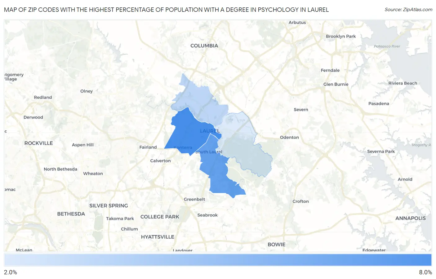 Zip Codes with the Highest Percentage of Population with a Degree in Psychology in Laurel Map