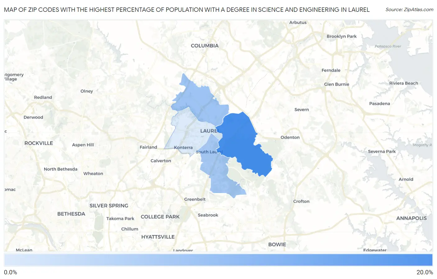 Zip Codes with the Highest Percentage of Population with a Degree in Science and Engineering in Laurel Map