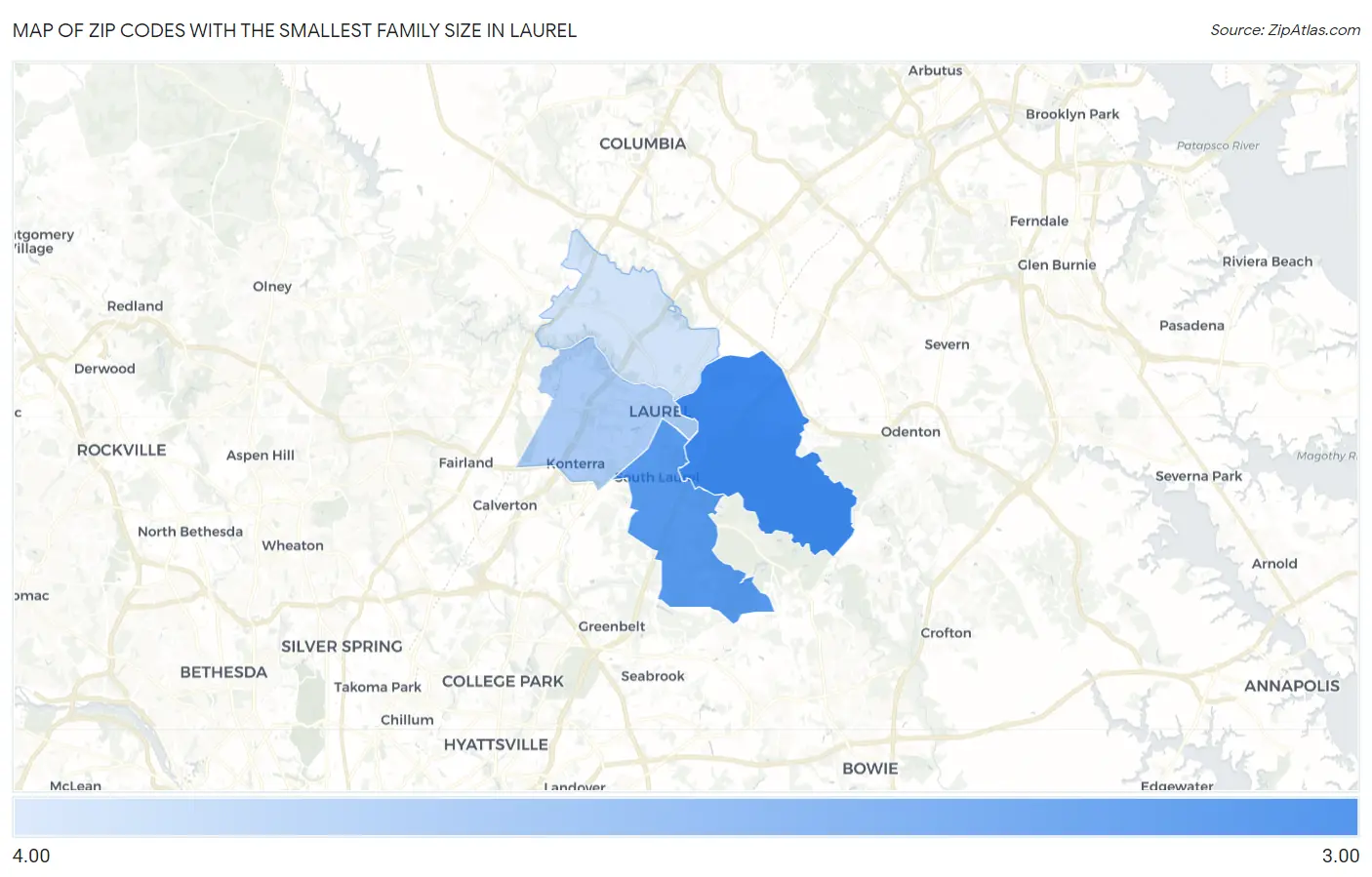 Zip Codes with the Smallest Family Size in Laurel Map