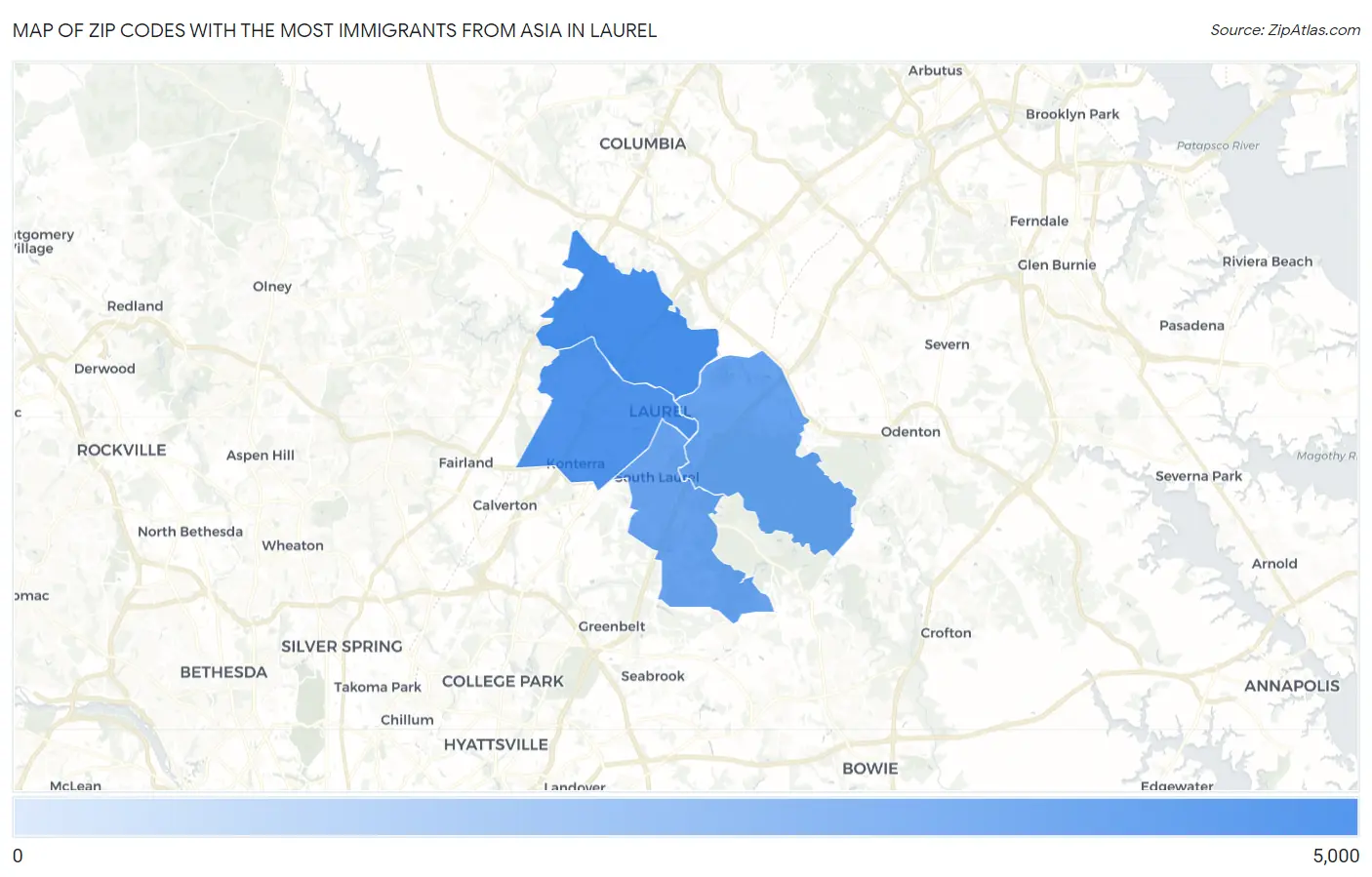 Zip Codes with the Most Immigrants from Asia in Laurel Map
