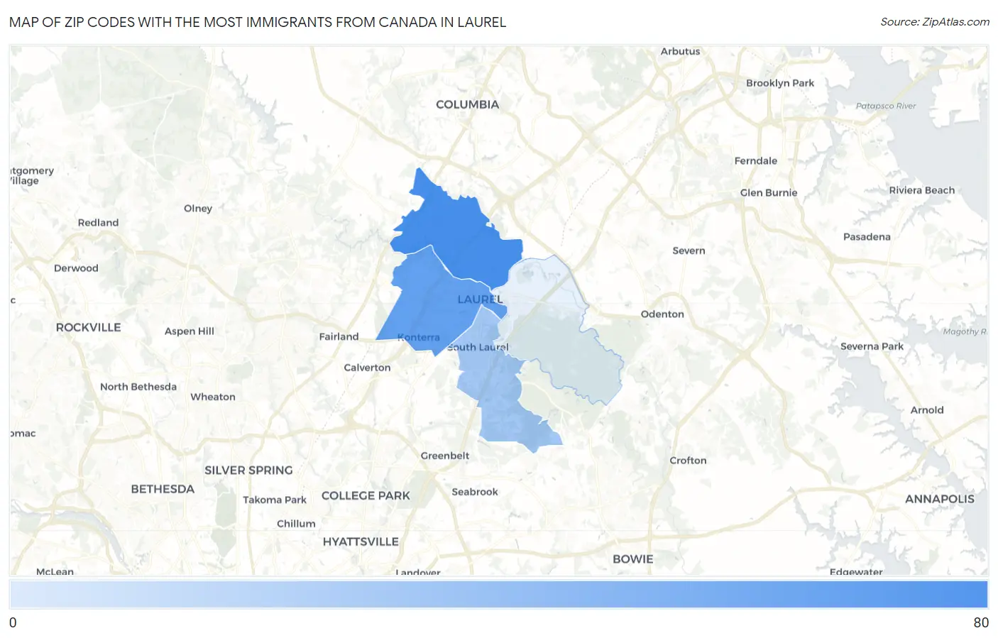 Zip Codes with the Most Immigrants from Canada in Laurel Map