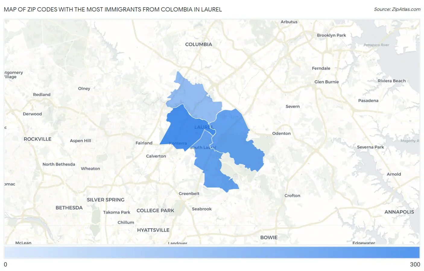 Zip Codes with the Most Immigrants from Colombia in Laurel Map
