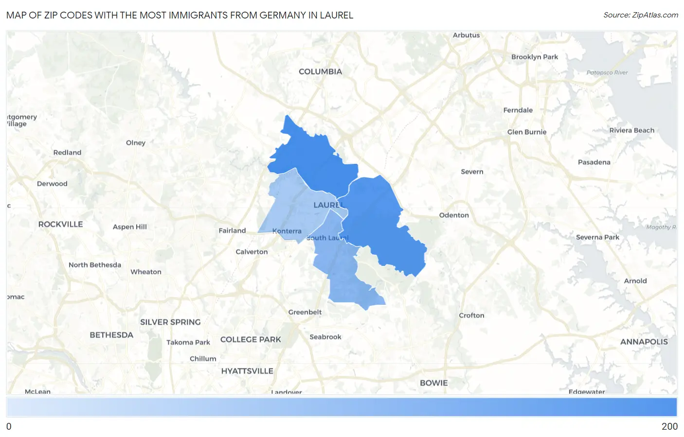 Zip Codes with the Most Immigrants from Germany in Laurel Map