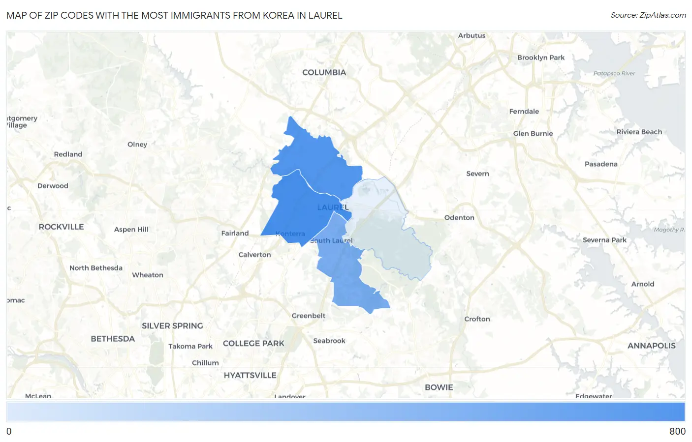 Zip Codes with the Most Immigrants from Korea in Laurel Map