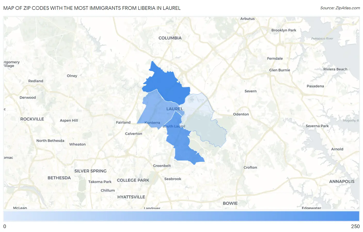 Zip Codes with the Most Immigrants from Liberia in Laurel Map