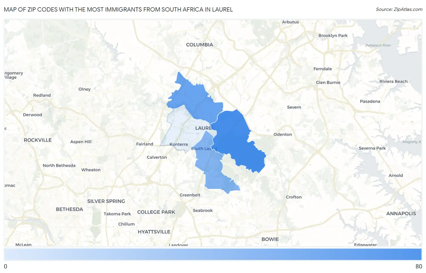 Zip Codes with the Most Immigrants from South Africa in Laurel Map