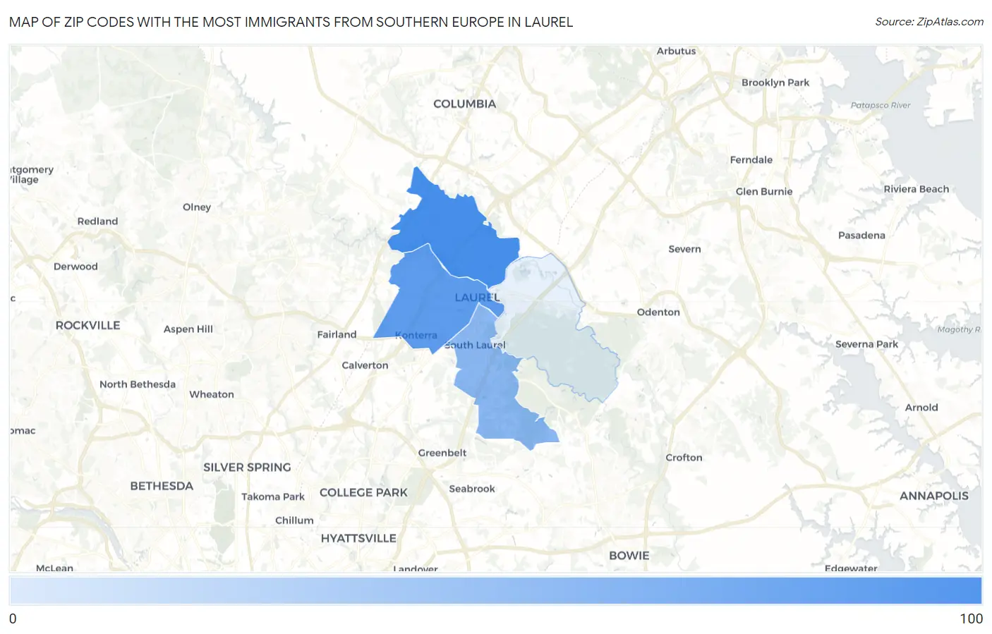 Zip Codes with the Most Immigrants from Southern Europe in Laurel Map