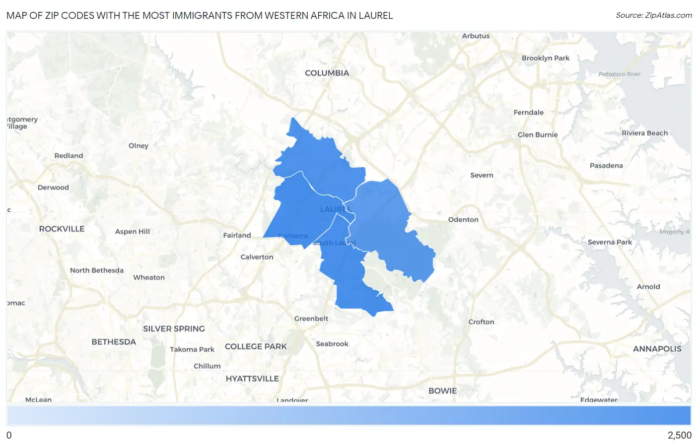 Zip Codes with the Most Immigrants from Western Africa in Laurel Map